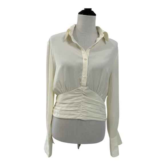 Lulus Women Poised Flair Ivory Ruched Button-up Long Sleeve Top Size XL - Picture 4 of 14